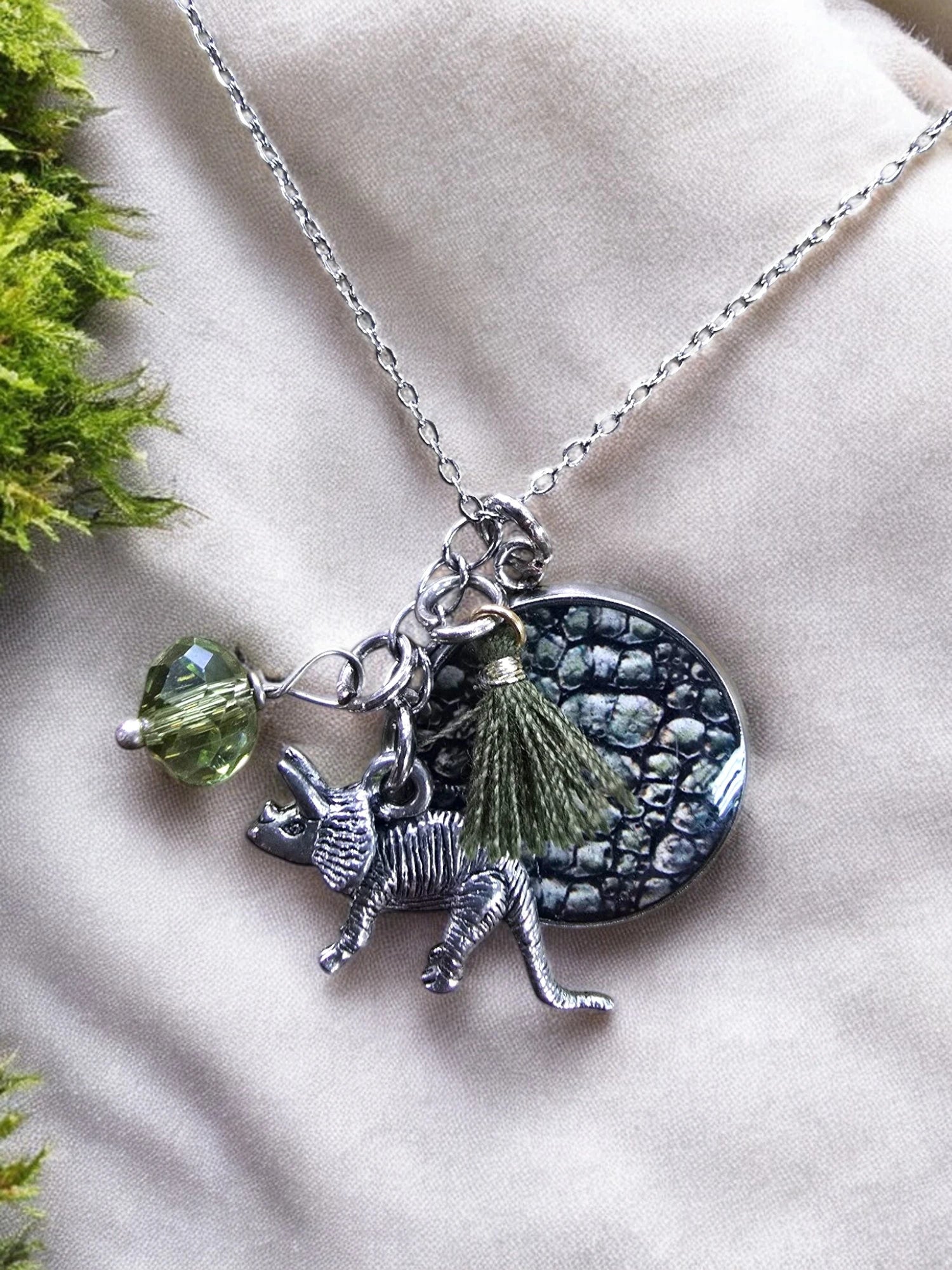 Dino Delight Necklace | Triceratops Charm | Green Crystal | Unique Pendant