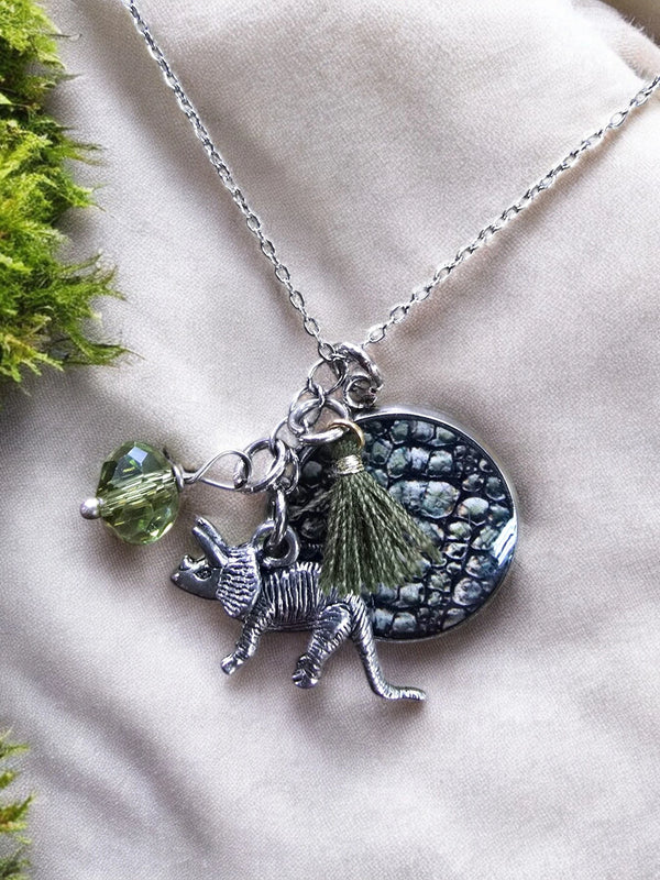 Dino Delight Necklace | Triceratops Charm | Green Crystal | Unique Pendant