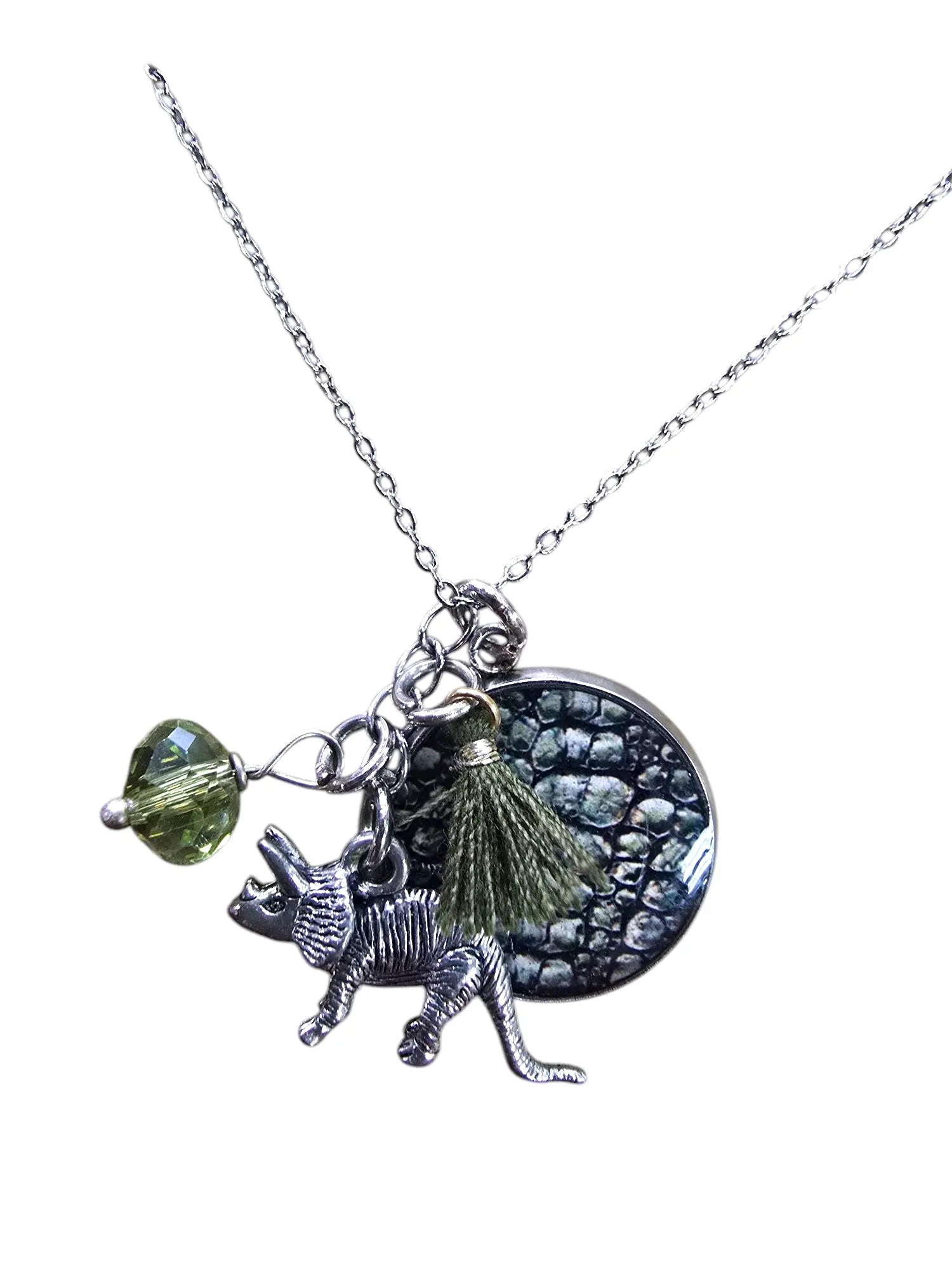 Dino Delight Necklace | Triceratops Charm | Green Crystal | Unique Pendant