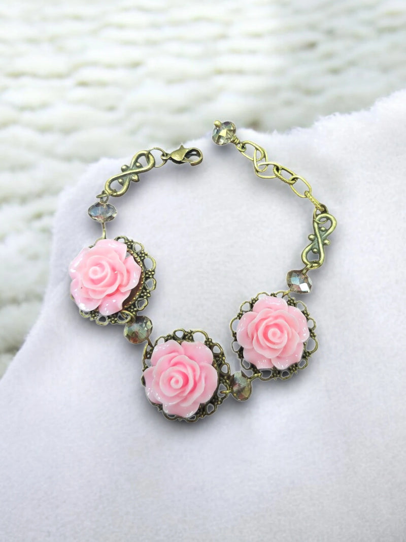 Triple Rose Charm Bracelet | Light Pink & Mint Green | Floral Jewelry