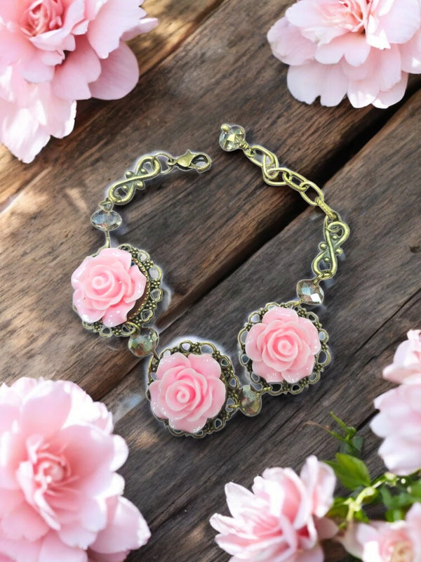 Triple Rose Charm Bracelet | Light Pink & Mint Green | Floral Jewelry