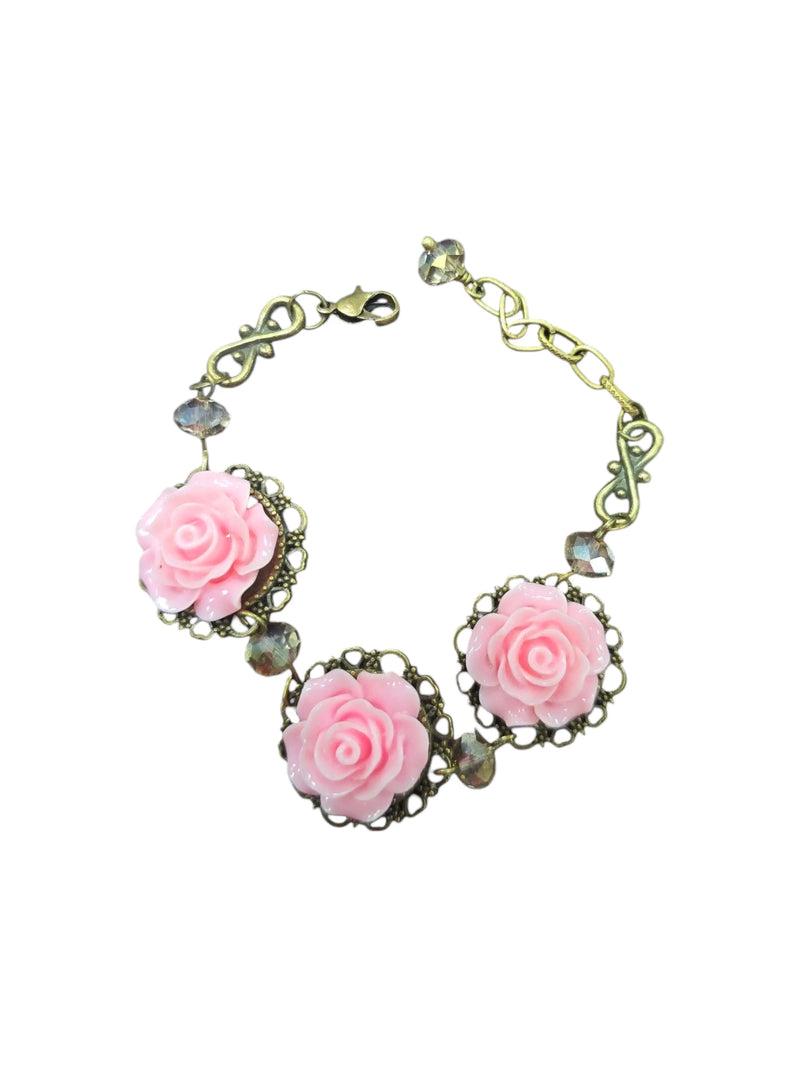 Triple Rose Charm Bracelet | Light Pink & Mint Green | Floral Jewelry