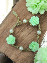 Triple Rose Charm Bracelet | Light Pink & Mint Green | Floral Jewelry