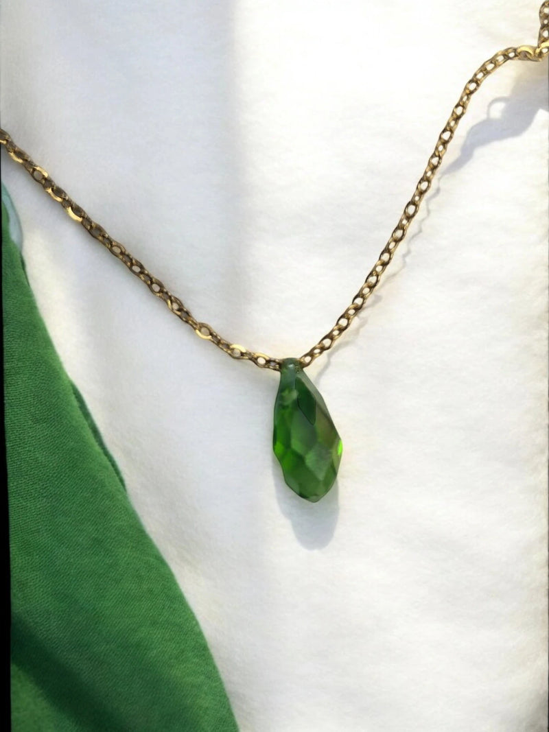 Gold Necklace with Green Tear Drop Crystal | Elegant Pendant Jewelry