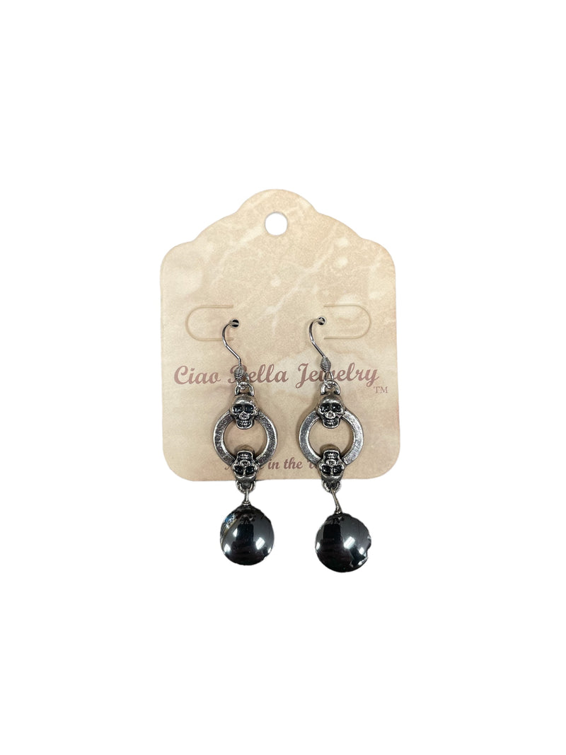 Skulls & Shadow: Antique Silver Dangle Earrings with Hematite Gemstone