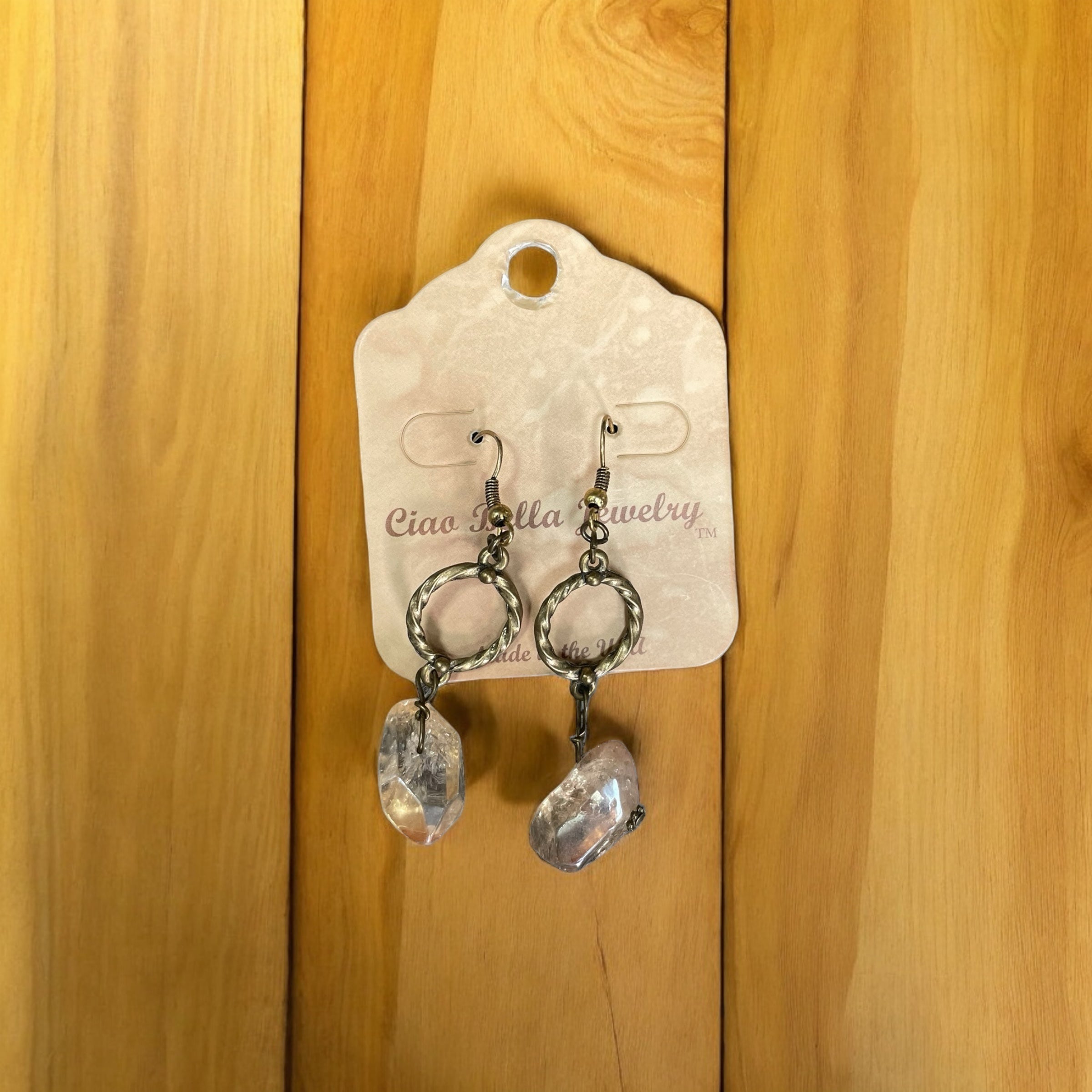 Vintage Elegance: Antique Gold Dangle Earrings with Crystal Quartz Brilliance