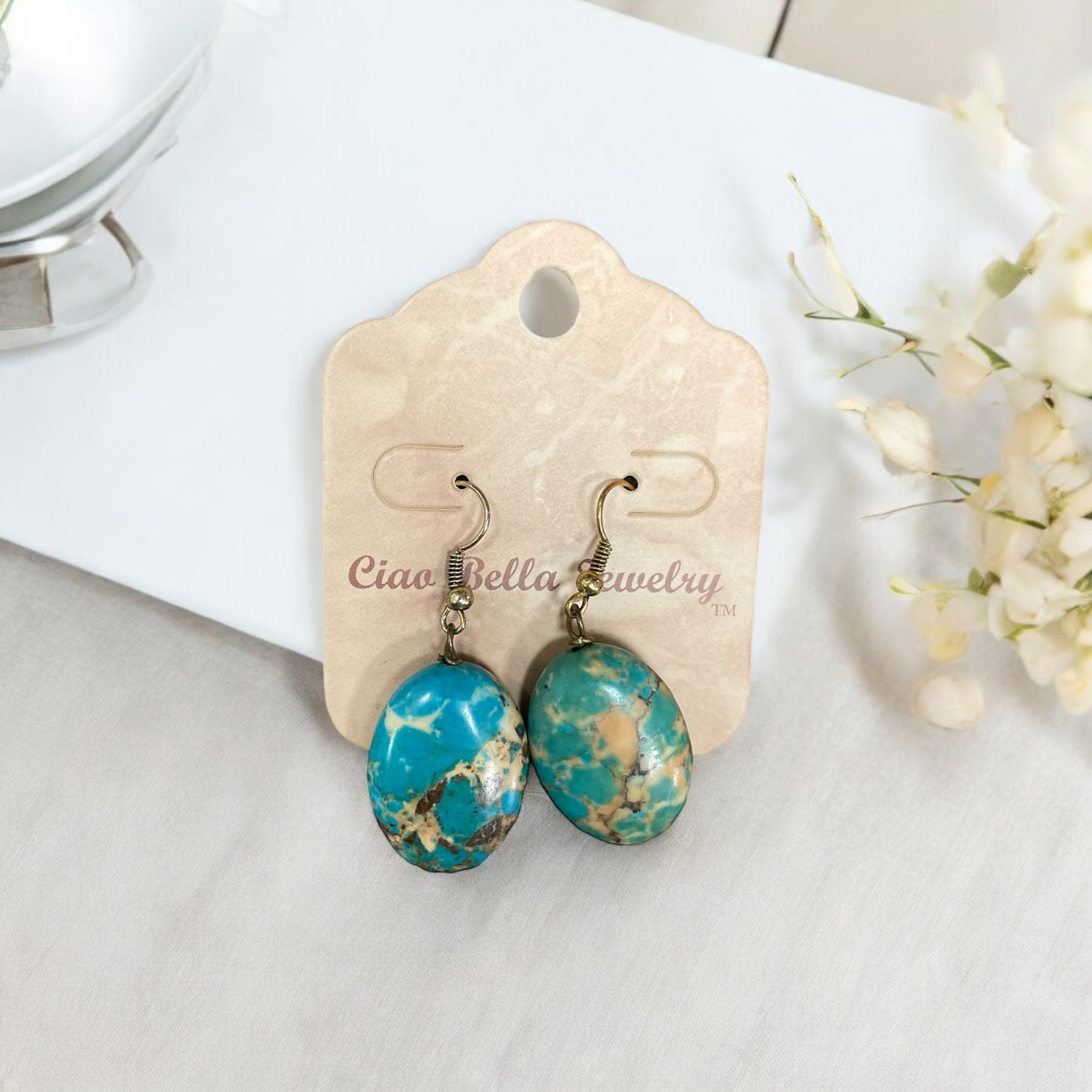 Vintage Dream: Antique Gold Dangle Earrings with Turquoise Gemstone & Golden Hues