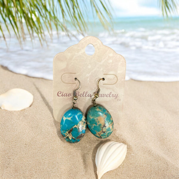 Vintage Dream: Antique Gold Dangle Earrings with Turquoise Gemstone & Golden Hues