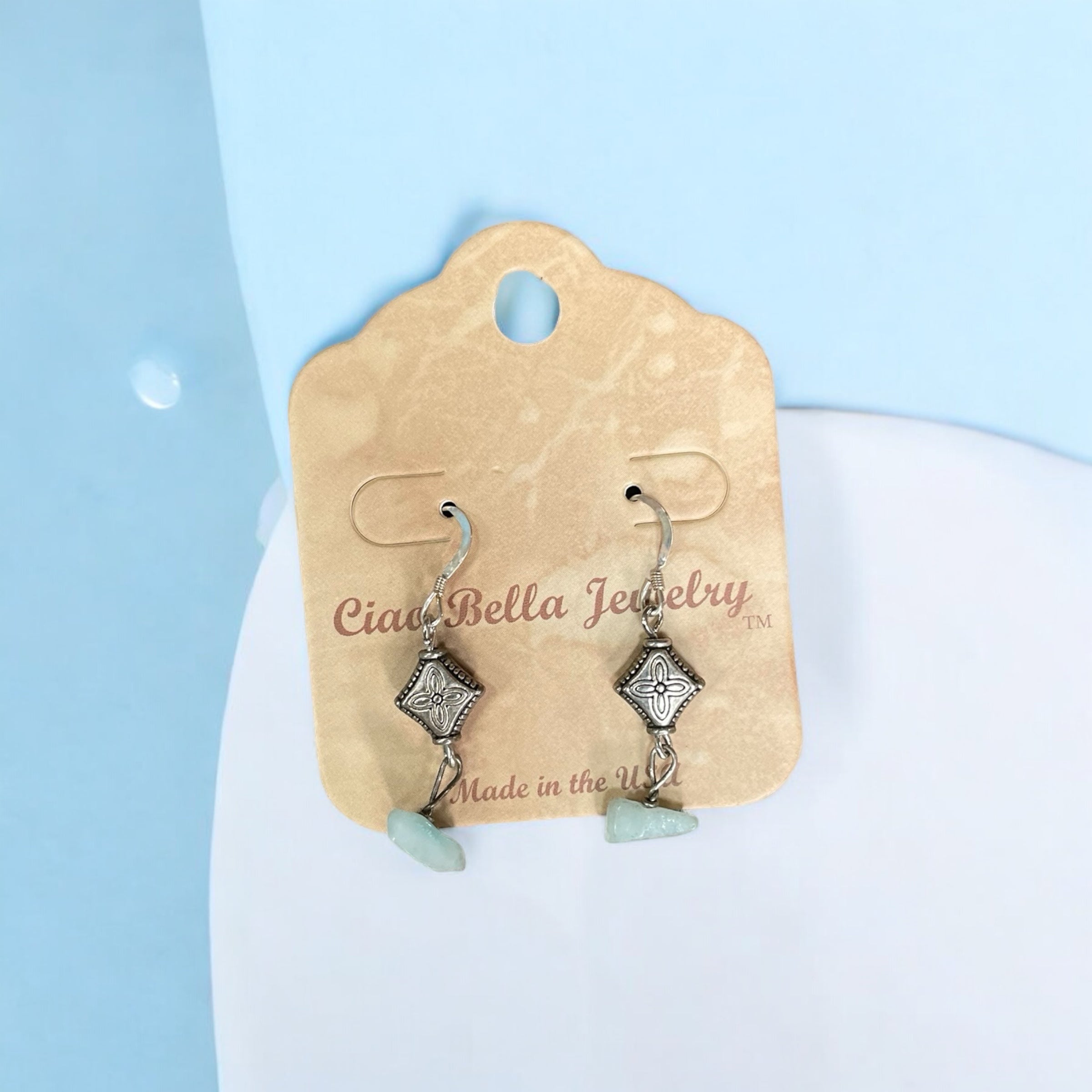 Delicate Dangle Charm: Sterling Silver Earrings with Aqua Amazonite & Diamond Shape
