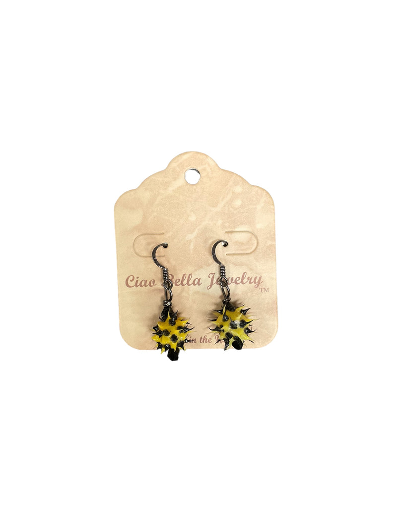 Edgy Appeal: Antique Silver Dangle Earrings with Black & Yellow Spiked Ball