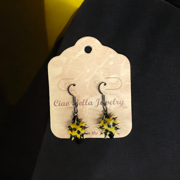 Edgy Appeal: Antique Silver Dangle Earrings with Black & Yellow Spiked Ball