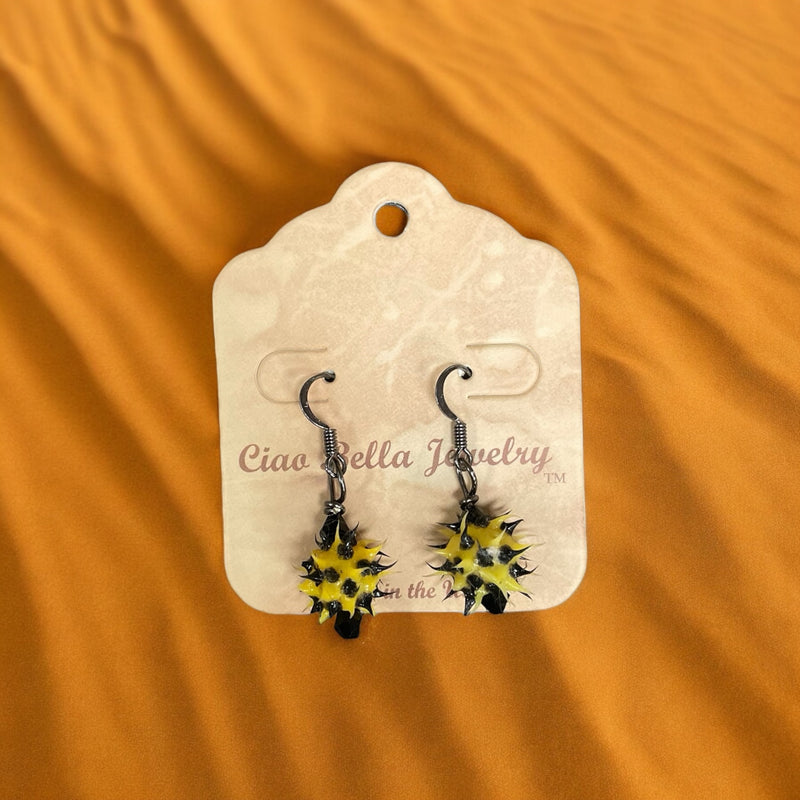 Edgy Appeal: Antique Silver Dangle Earrings with Black & Yellow Spiked Ball