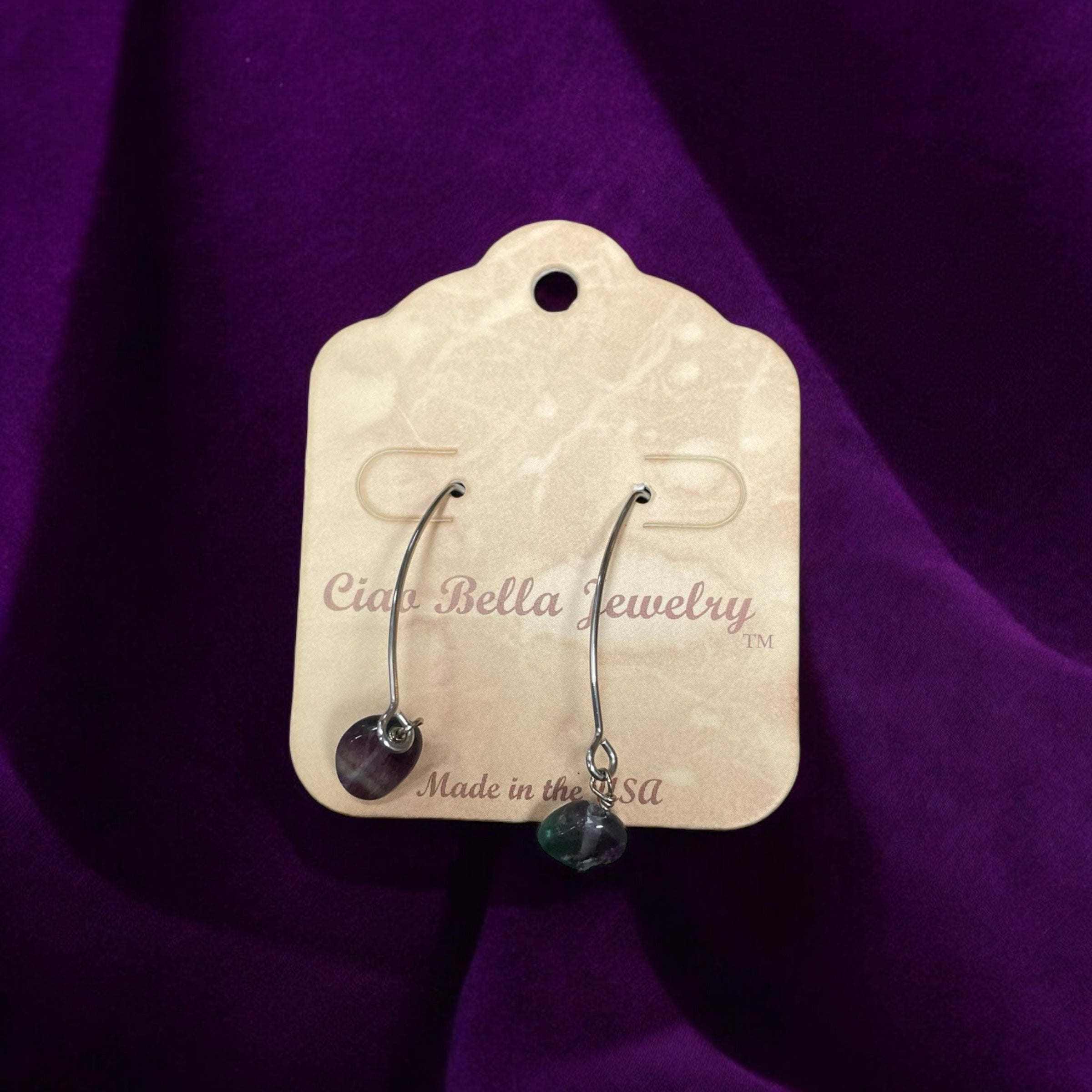 Long Silver Drop Kidney Wire Gemstone Earrings | Made in the USA