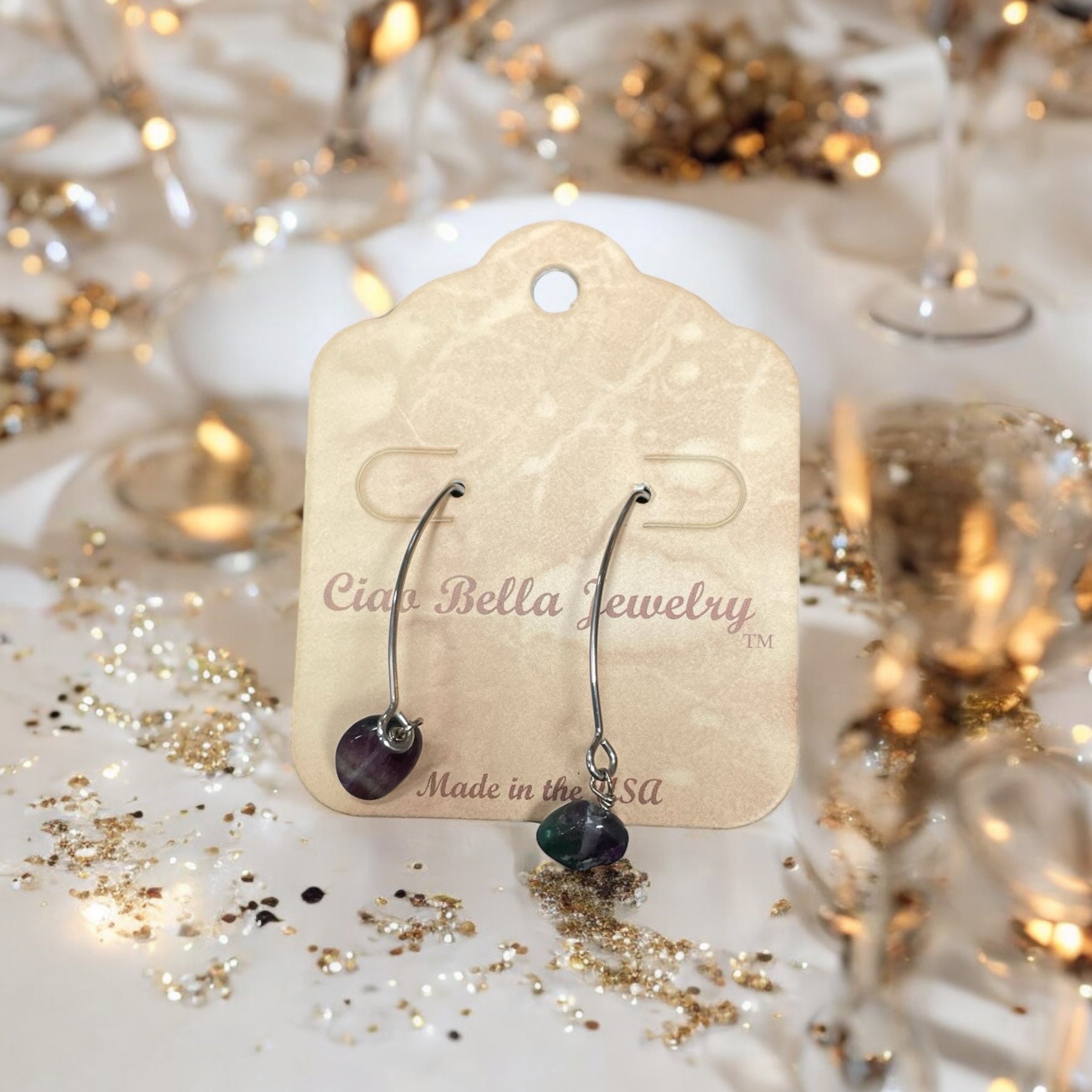 Long Silver Drop Kidney Wire Gemstone Earrings | Made in the USA