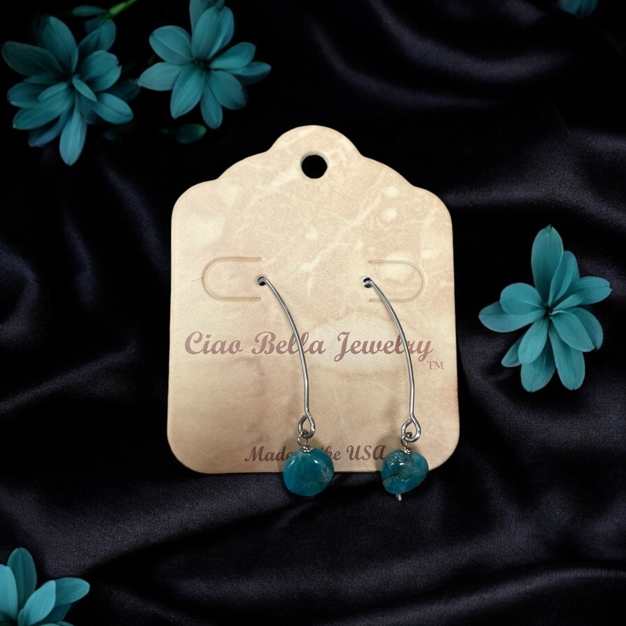 Long Silver Drop Kidney Wire Gemstone Earrings | Made in the USA