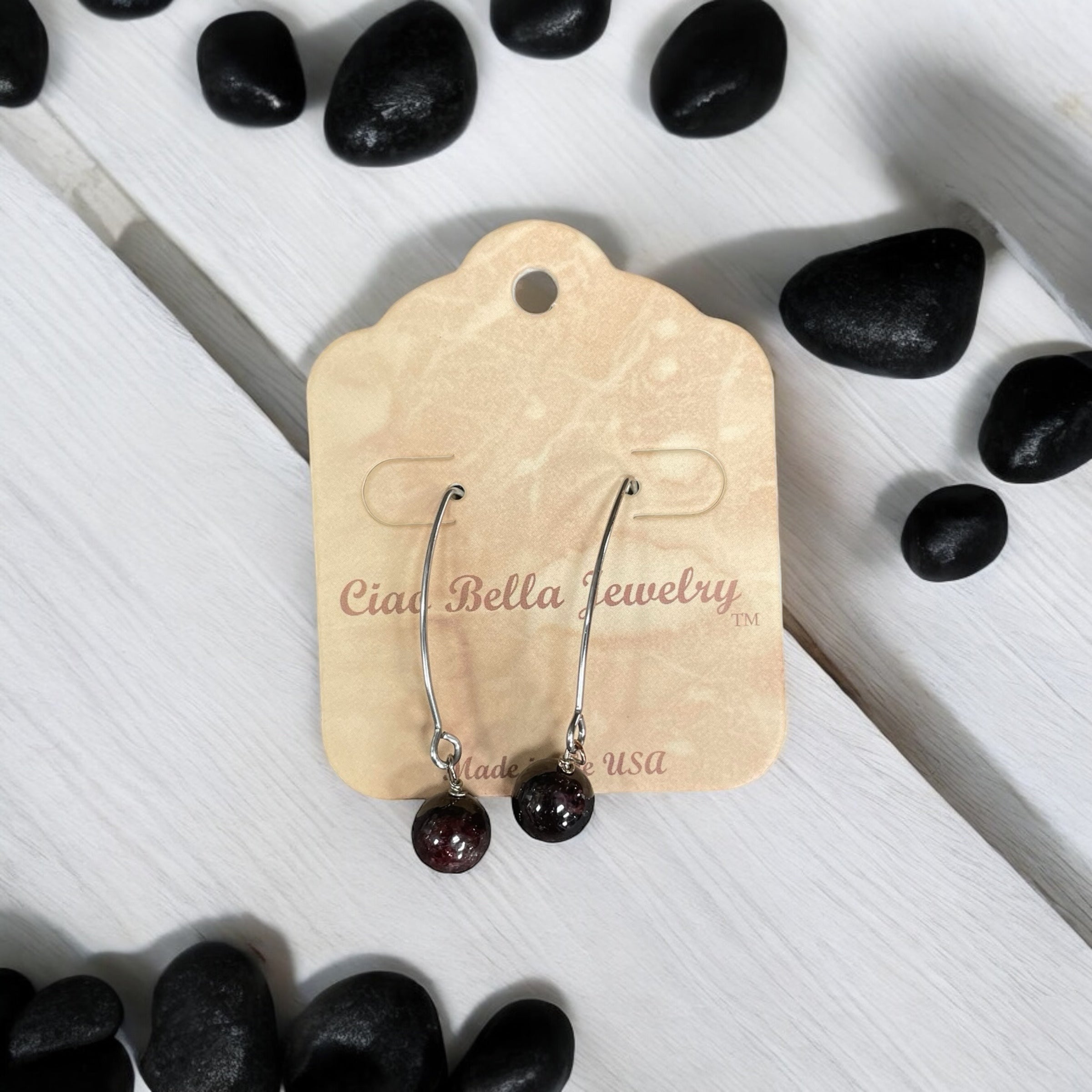 Long Silver Drop Kidney Wire Gemstone Earrings | Made in the USA