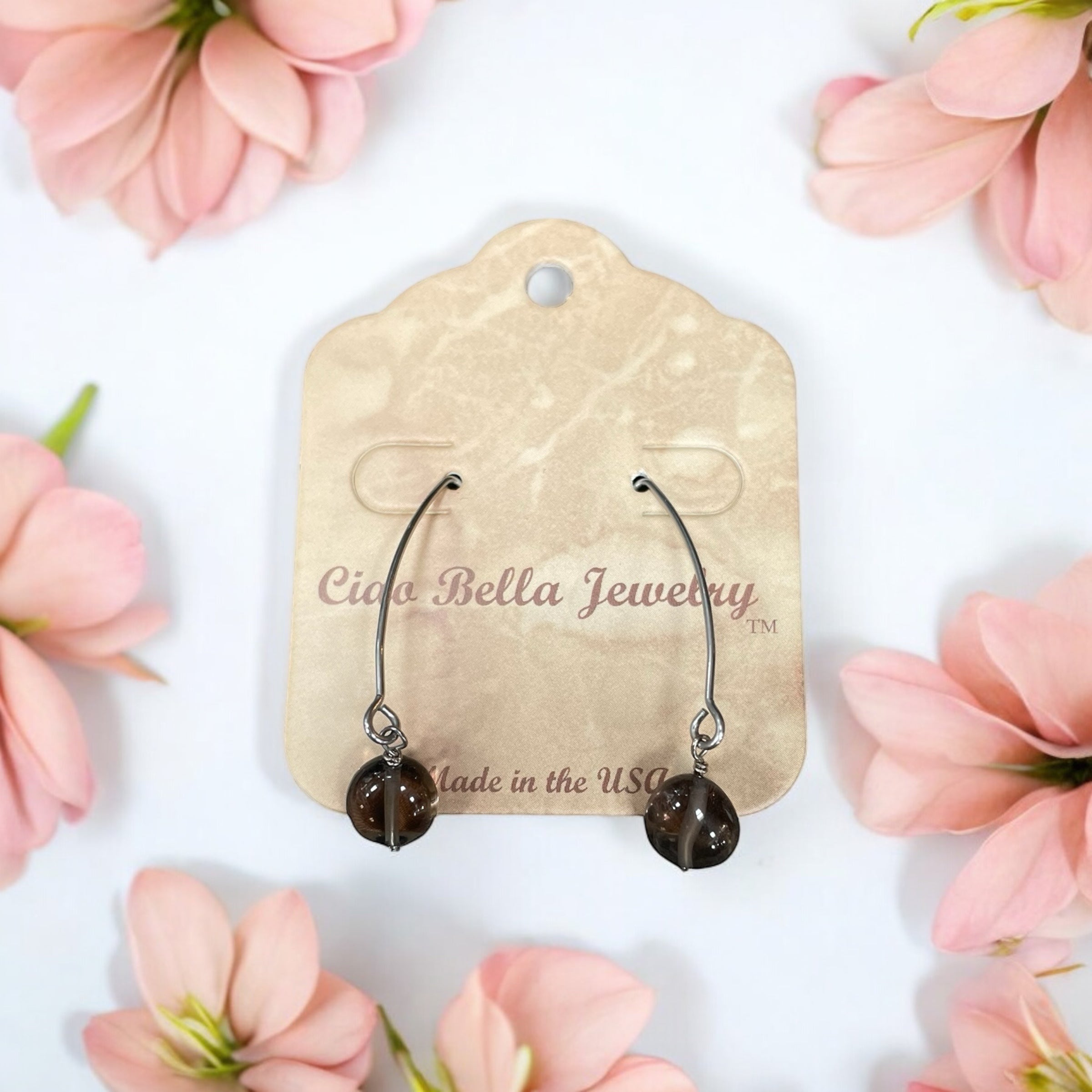 Long Silver Drop Kidney Wire Gemstone Earrings | Made in the USA