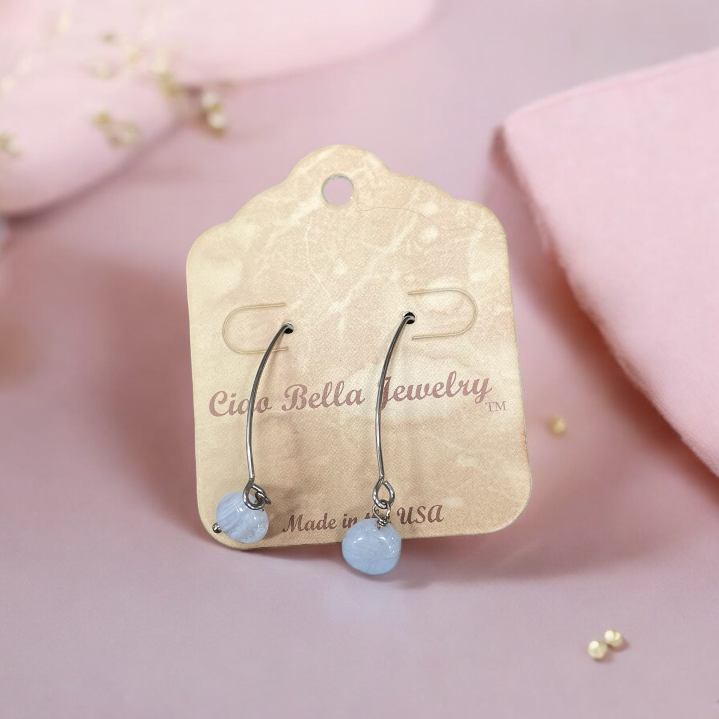 Long Silver Drop Kidney Wire Gemstone Earrings | Made in the USA