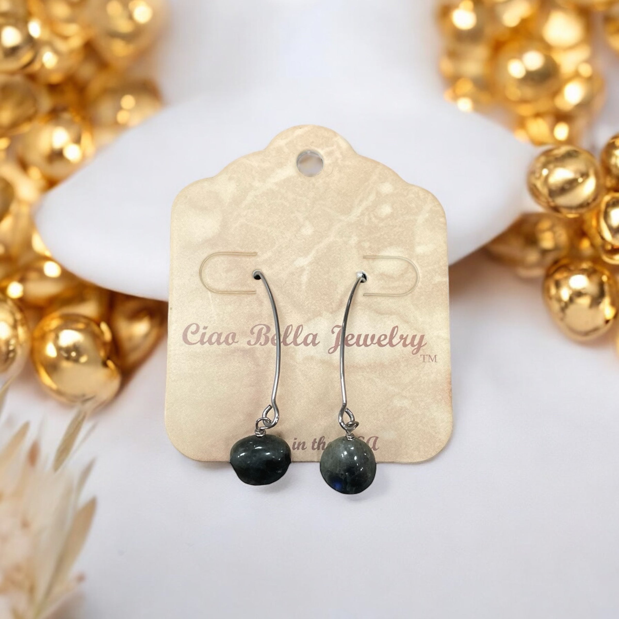 Long Silver Drop Kidney Wire Gemstone Earrings | Made in the USA