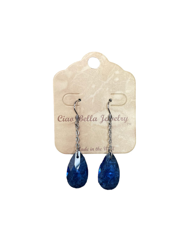 Elevate Your Look: Stainless Steel Teardrop Gemstone Chain Drop Earrings (Sapphire, Emerald, Gray Crystal)