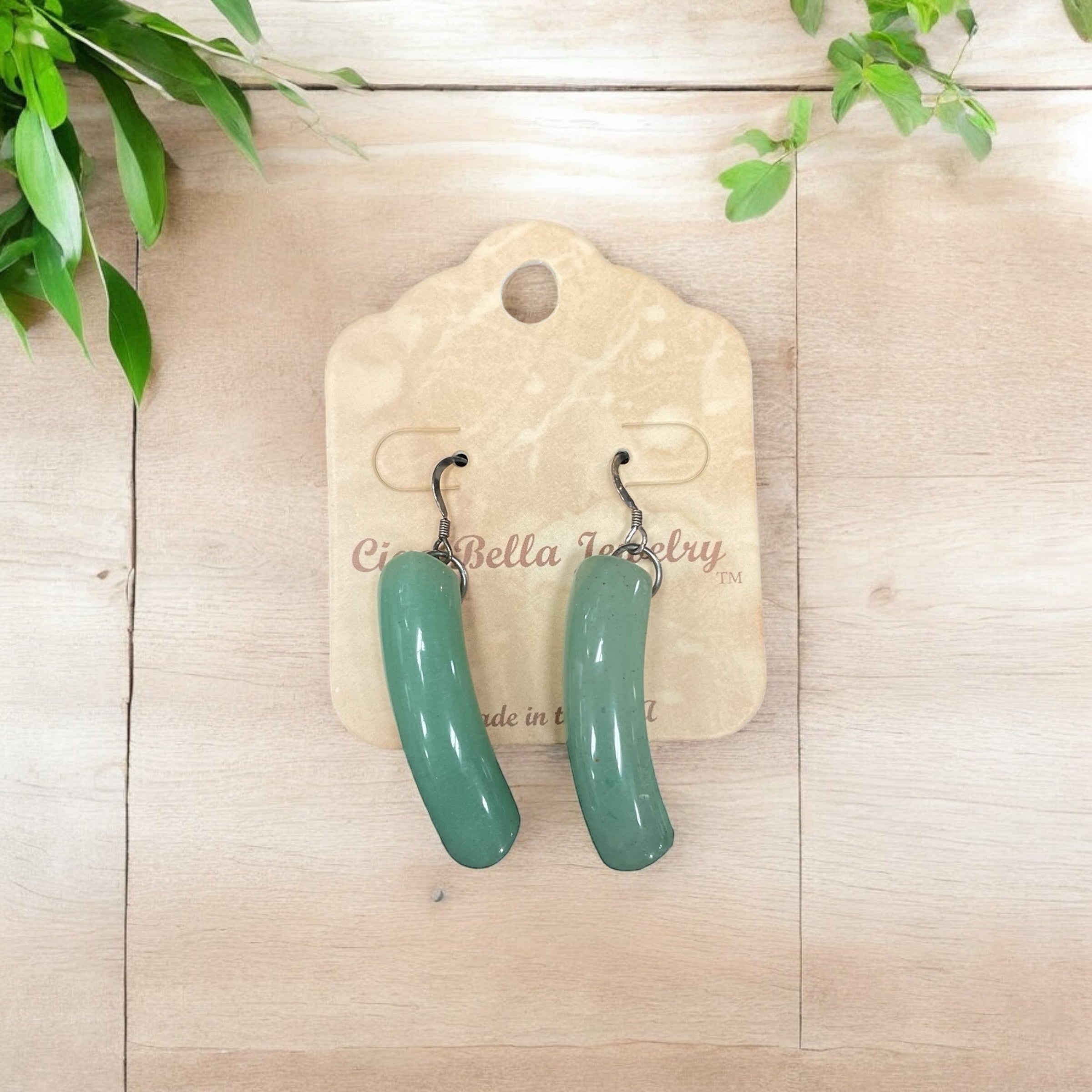 Whisper of the East: Antique Silver Dangle Earrings with Aventurine Curved Gemstone