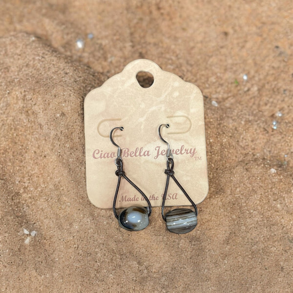 Earthy Statement: Leather and Striped Agate Teardrop Earrings