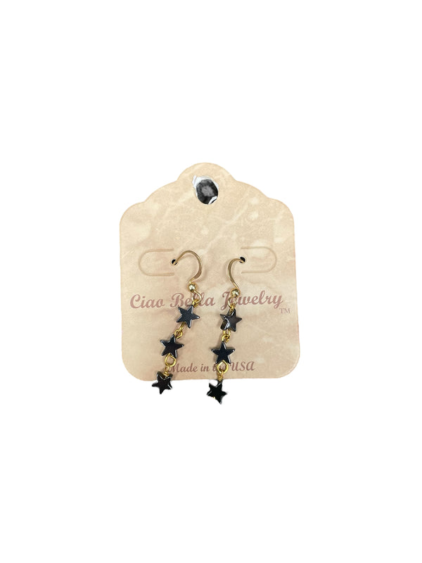 Night Sky Elegance: Tiny Black Hematite Star Stone Trio on Gold Drop Earrings