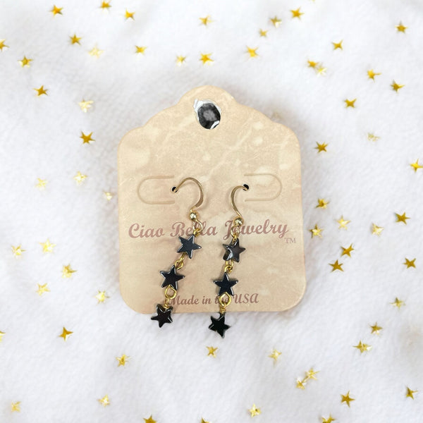 Night Sky Elegance: Tiny Black Hematite Star Stone Trio on Gold Drop Earrings