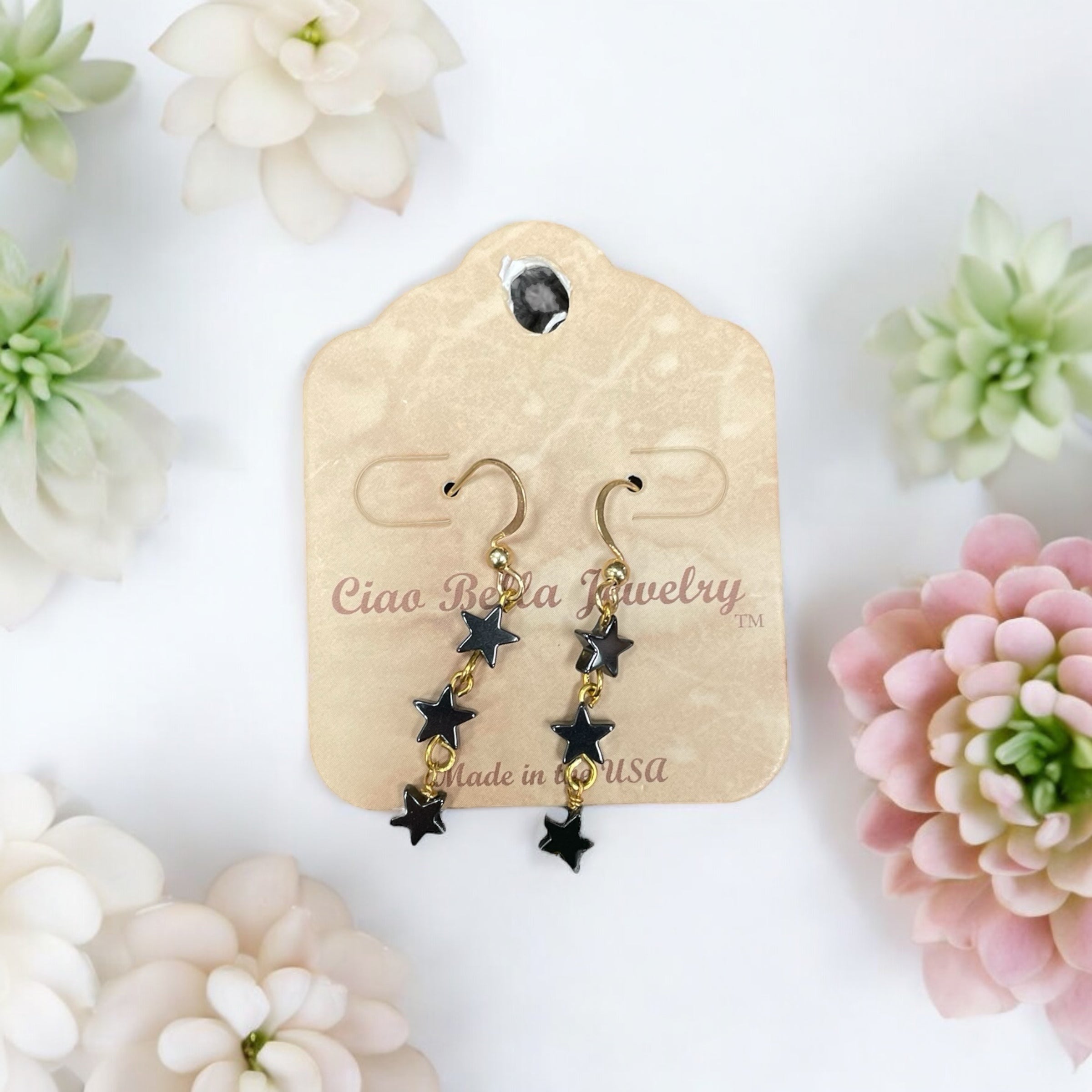 Night Sky Elegance: Tiny Black Hematite Star Stone Trio on Gold Drop Earrings