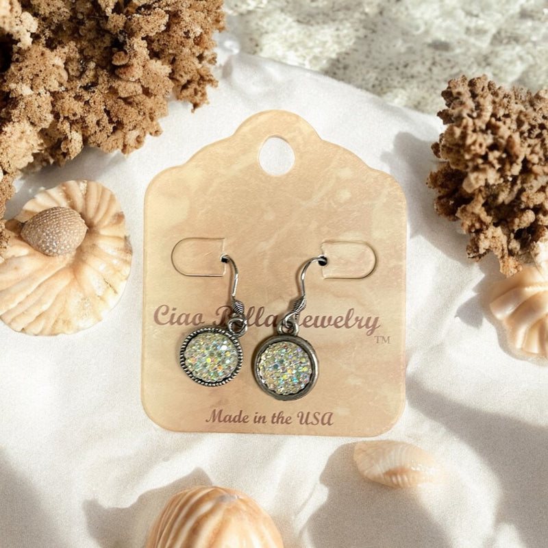 Dive into Fantasy: Antique Silver Imitation Druzy Dangle Earrings (White or Green)