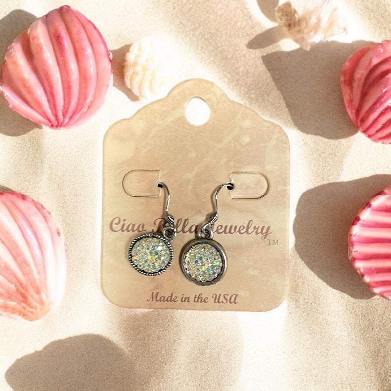 Dive into Fantasy: Antique Silver Imitation Druzy Dangle Earrings (White or Green)