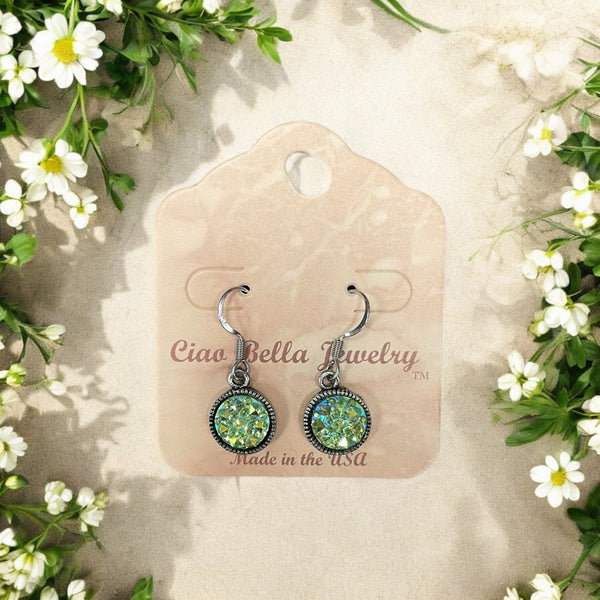 Dive into Fantasy: Antique Silver Imitation Druzy Dangle Earrings (White or Green)