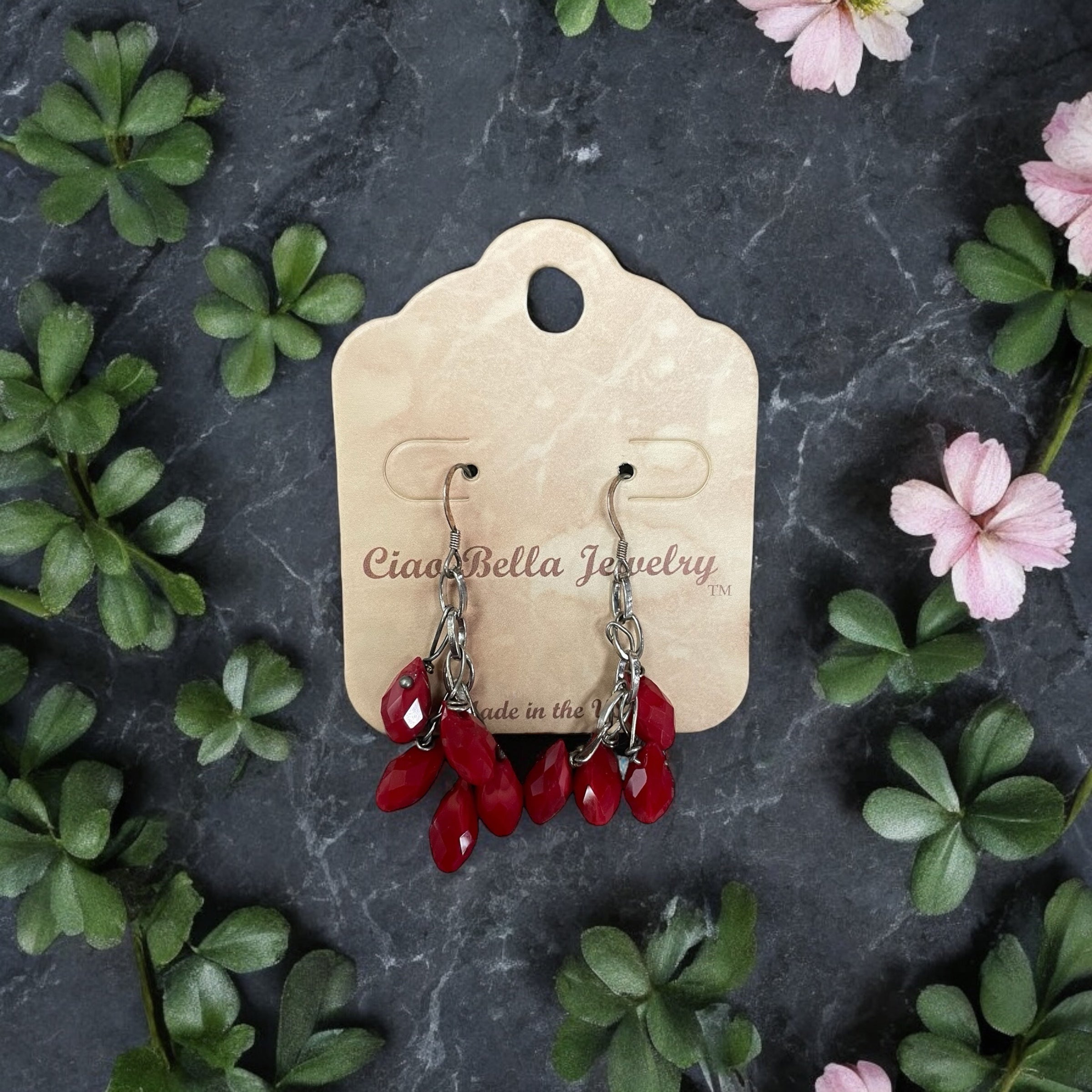 Deep Elegance: Sterling Silver Cluster Earrings with Maroon Gemstones