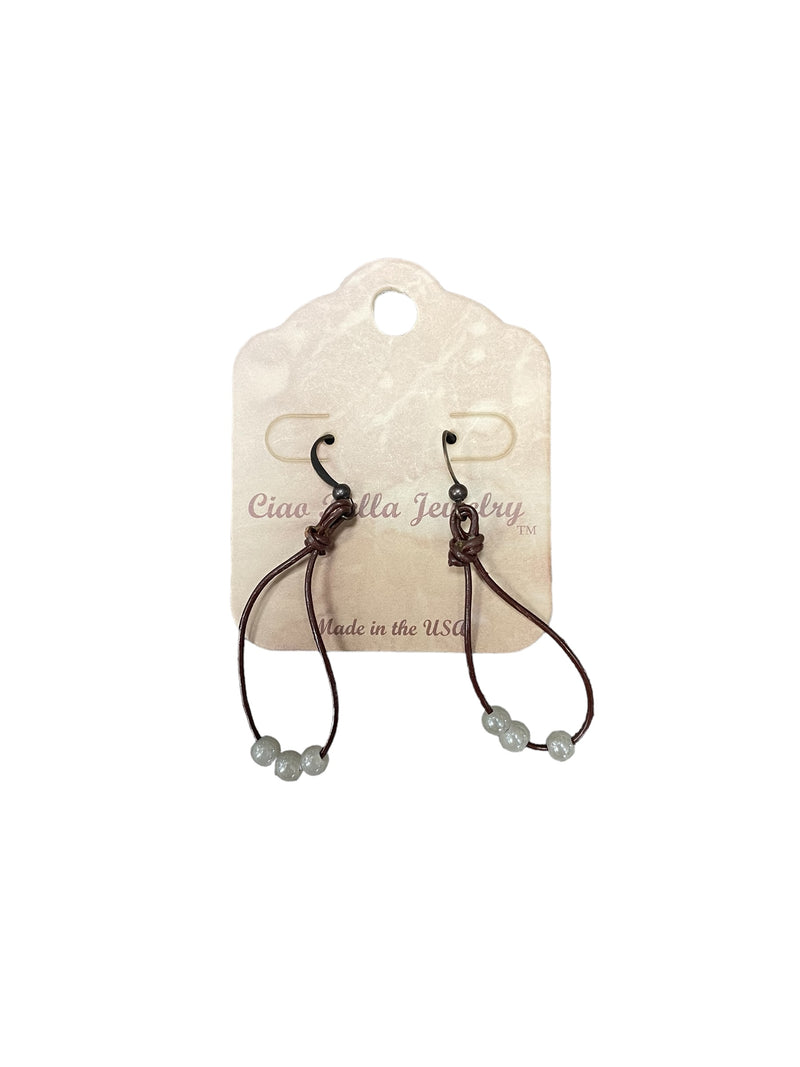 Bohemian Elegance: Leather Loop Earrings with Triple Pearl Beads & Black Hook