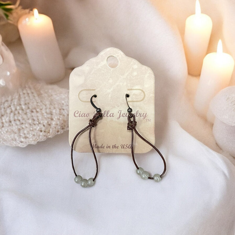 Bohemian Elegance: Leather Loop Earrings with Triple Pearl Beads & Black Hook