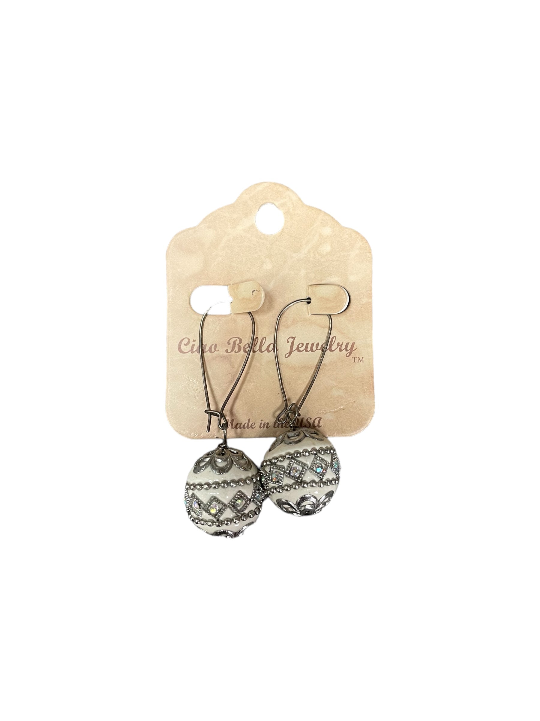 Vintage Charm: Antique Silver Sphere Ornament Dangle Earrings (Gray or White)