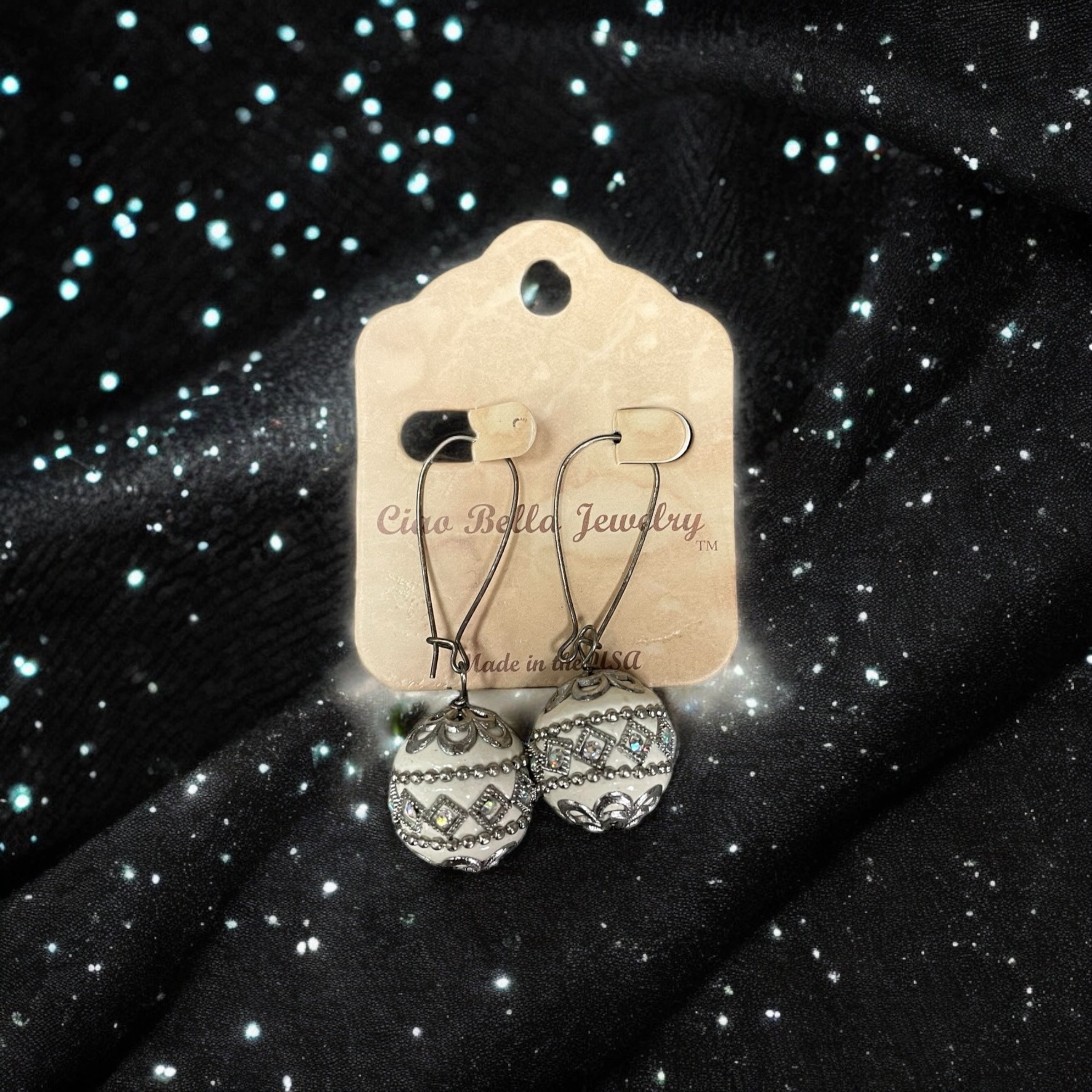 Vintage Charm: Antique Silver Sphere Ornament Dangle Earrings (Gray or White)