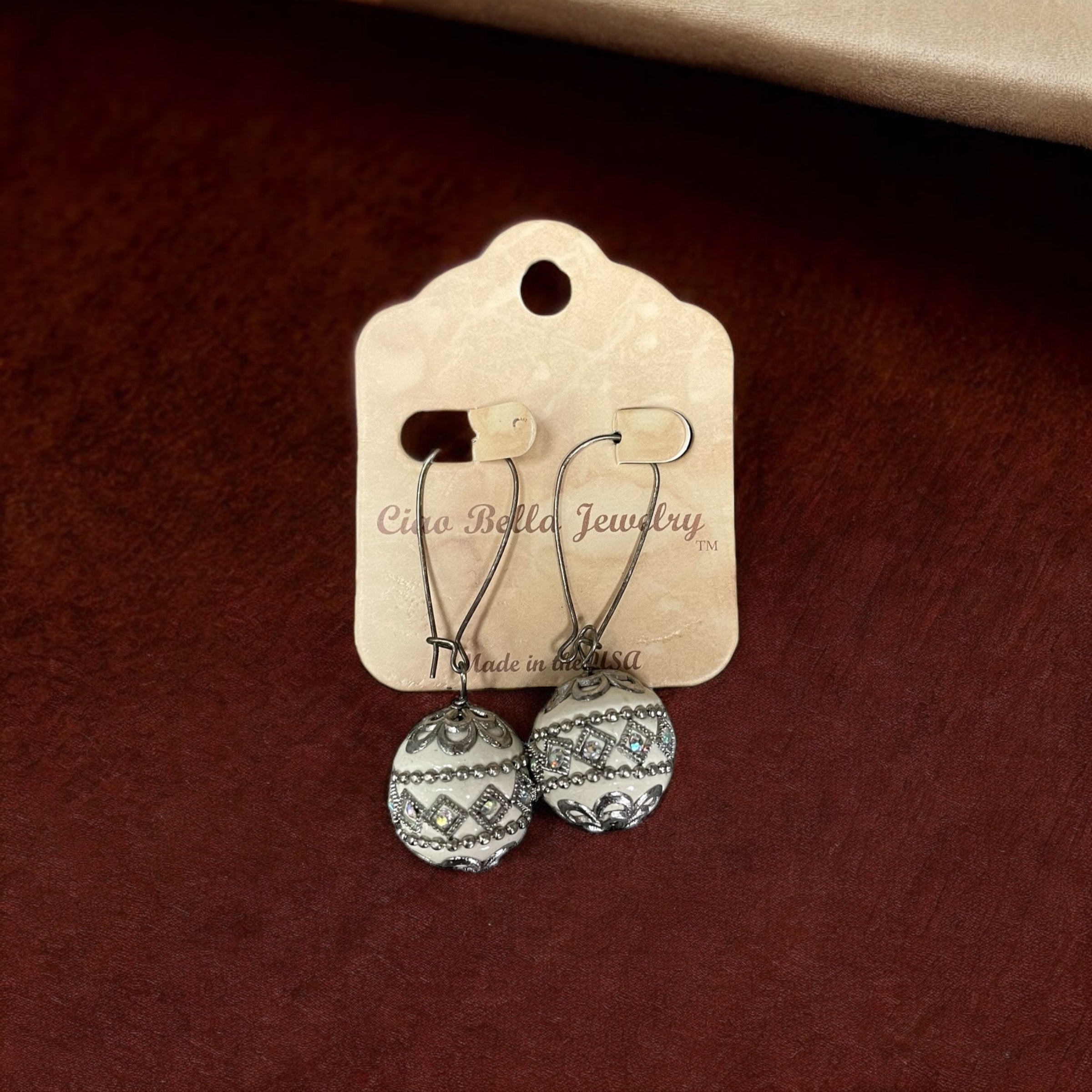 Vintage Charm: Antique Silver Sphere Ornament Dangle Earrings (Gray or White)
