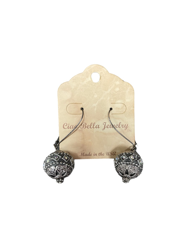 Vintage Charm: Antique Silver Sphere Ornament Dangle Earrings (Gray or White)