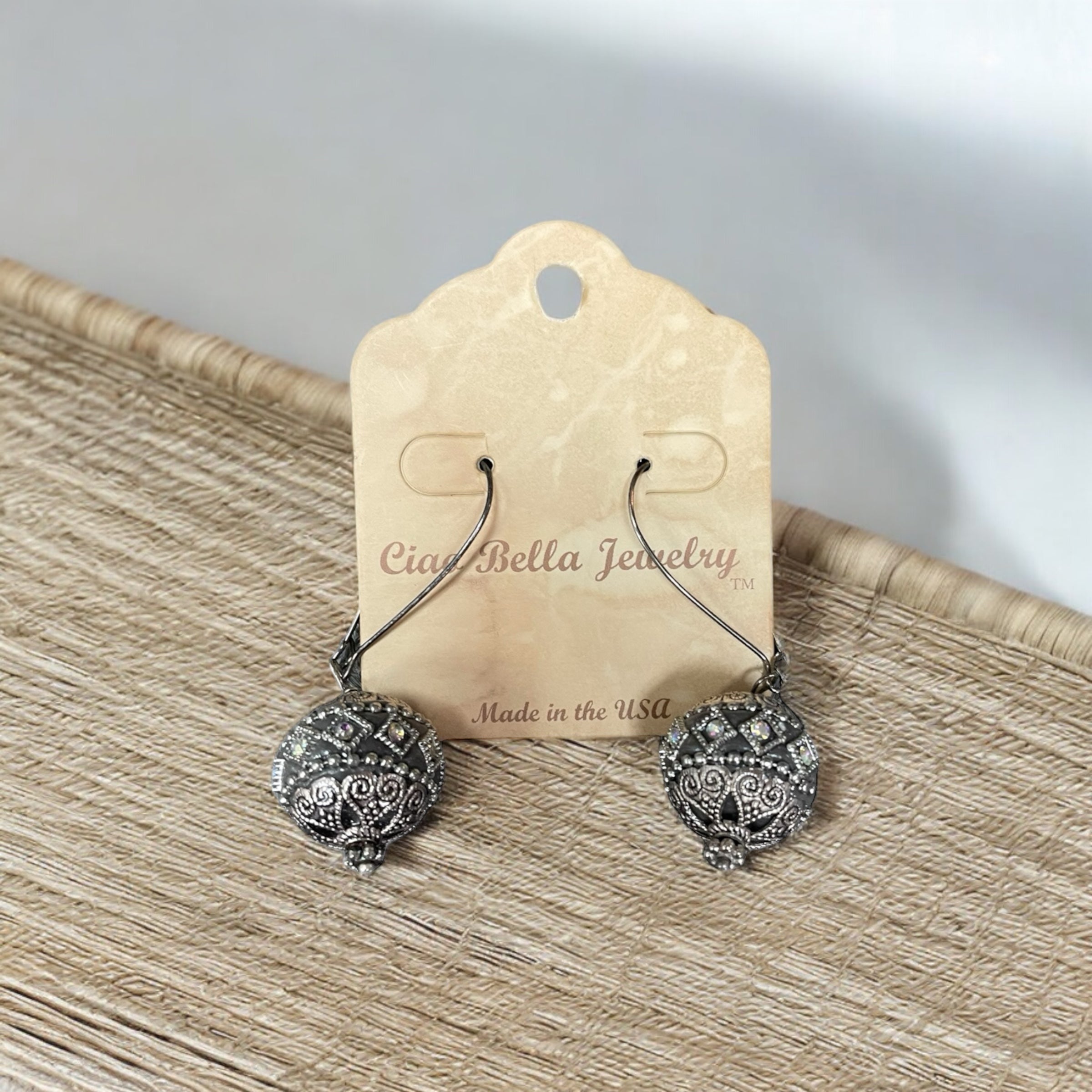 Vintage Charm: Antique Silver Sphere Ornament Dangle Earrings (Gray or White)