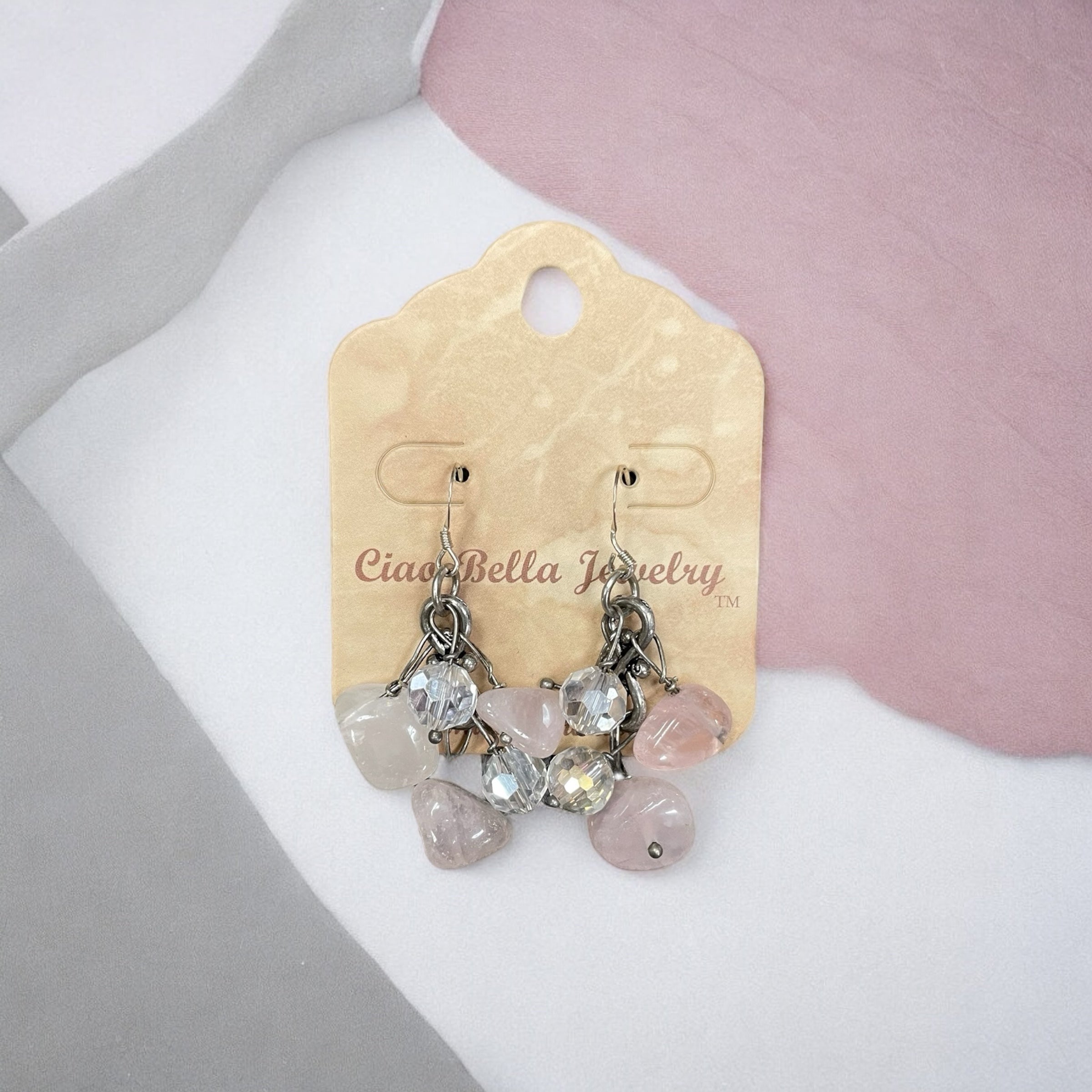 Sterling Silver Rose Quartz and Crystal Cluster Earrings