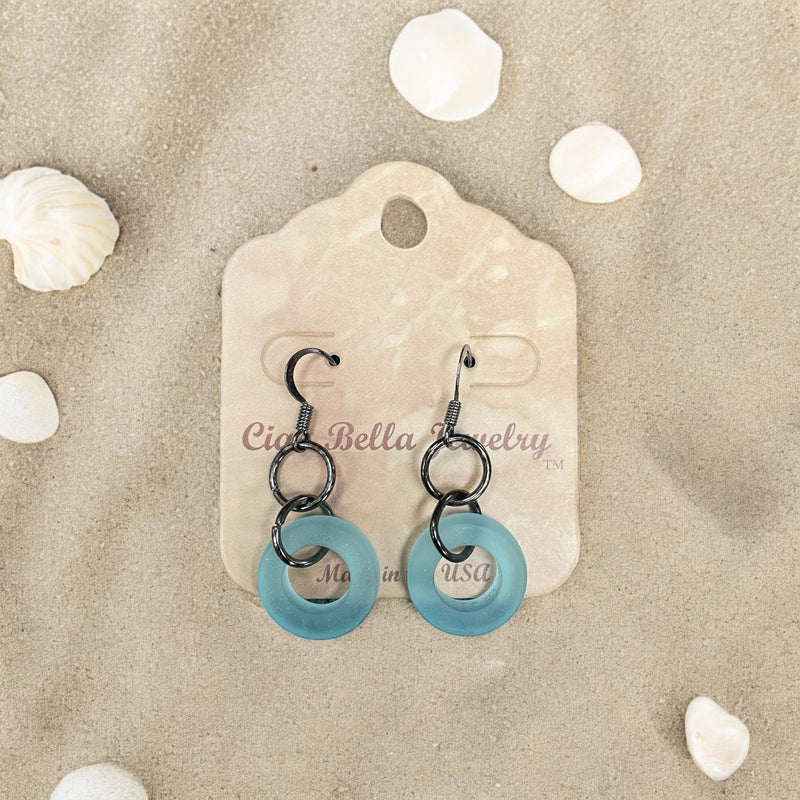 Coastal Chic: Sea Glass Dangle Loop Earrings in Mahogany & Pale Blue