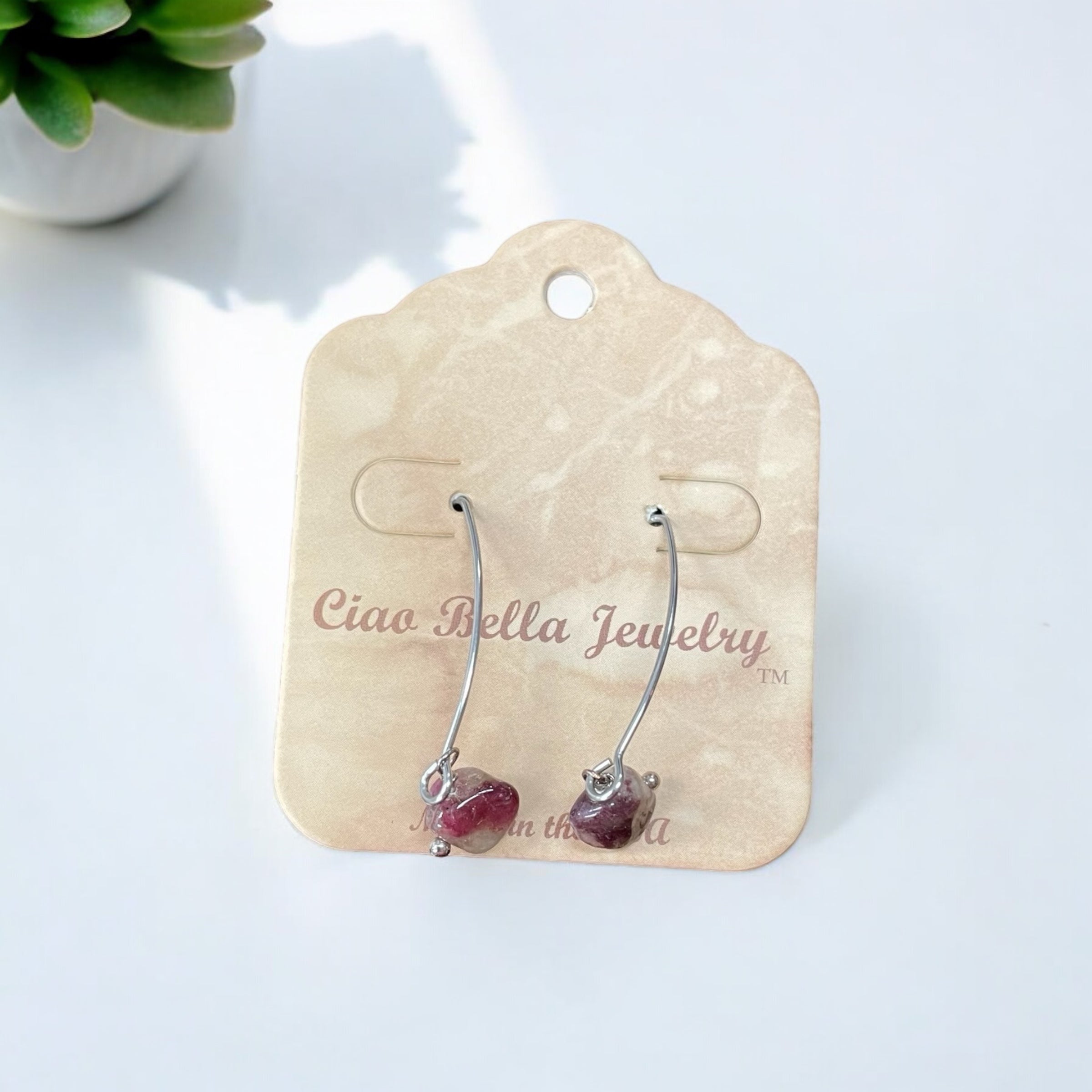 Long Silver Drop Kidney Wire Gemstone Earrings | Made in the USA