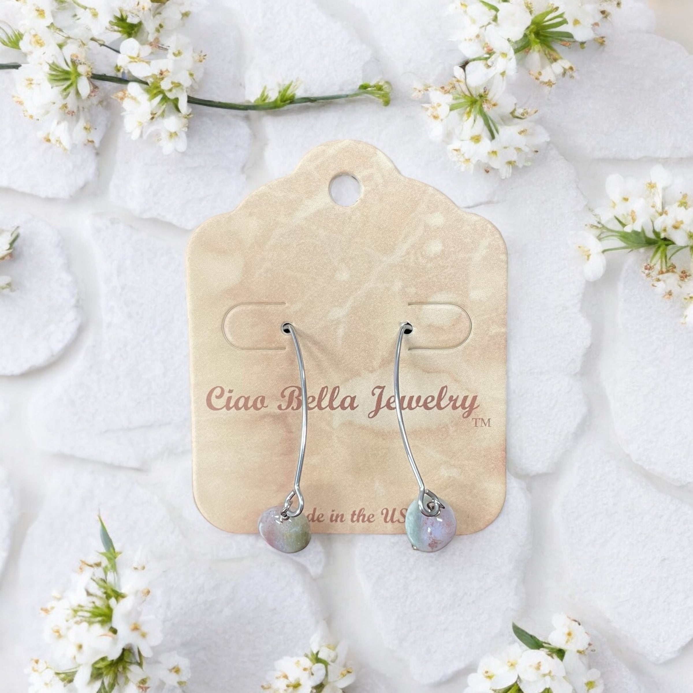 Long Silver Drop Kidney Wire Gemstone Earrings | Made in the USA