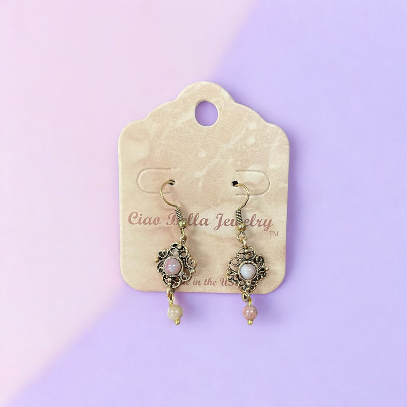 Vintage Romance: Antique Gold Filigree Dangle Earrings with Delicate Jasper Stones