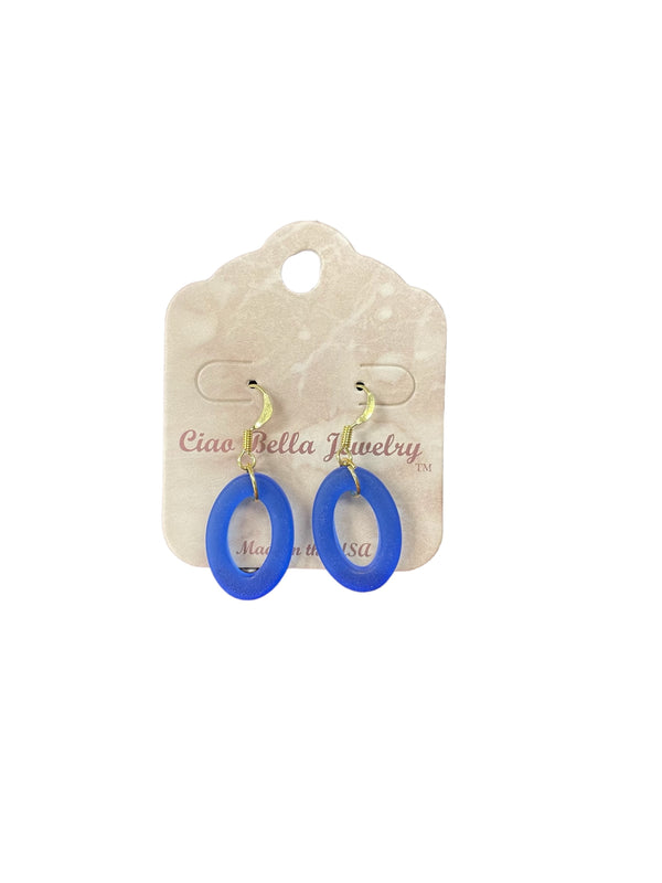 Ocean's Embrace: Oval Blue Sea Glass Dangle Earrings