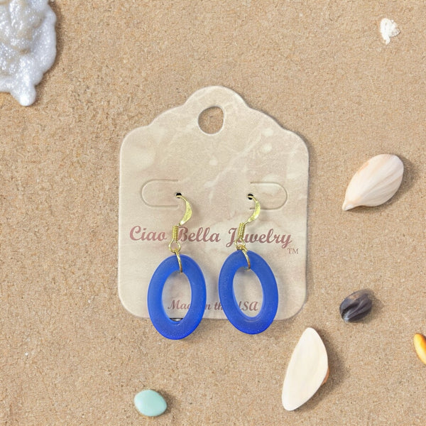 Ocean's Embrace: Oval Blue Sea Glass Dangle Earrings