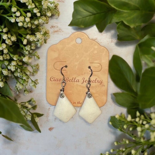 Ocean-Inspired White Diamond Sea Glass Earrings with Silver Flower