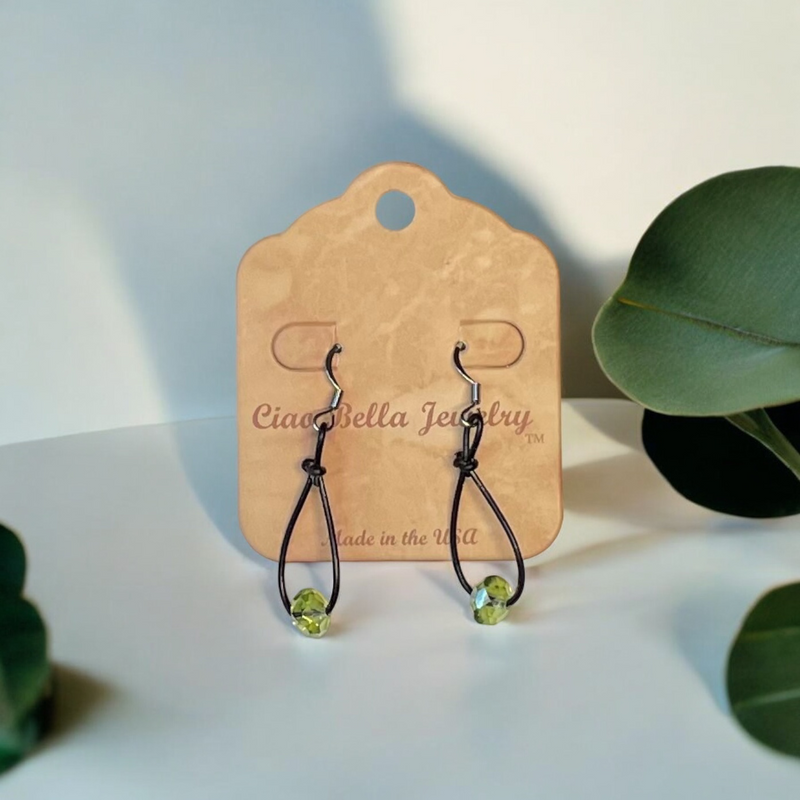 Teardrop Leather Earrings with Light Green Crystal