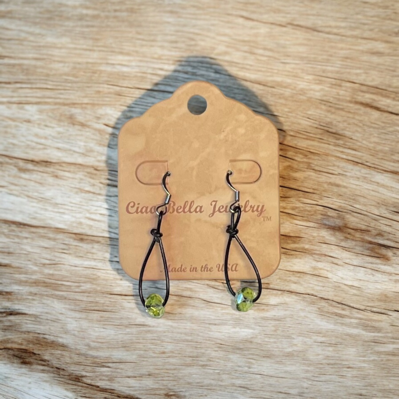 Teardrop Leather Earrings with Light Green Crystal